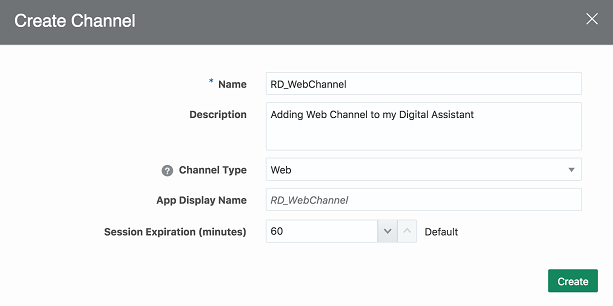 Screenshot of the Create Channel dialog. It's Name, Description, and App Display name fields are filled out. The Channel Type field is set to Web.