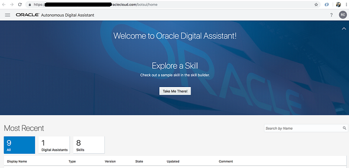 a screenshot showing the home page of Oracle Digital Assistant