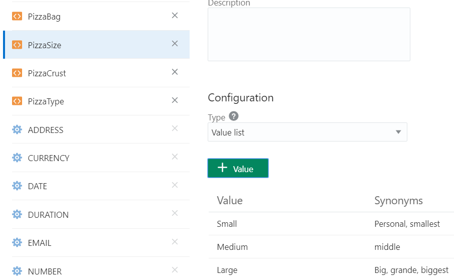 a screenshot of the Entities page for the pizza skill. On the left side of the page are entries several entities, and the PizzaSize entry is selected. On the right side of the page, values (and their synonyms are shown for Small, Medium, and Large.