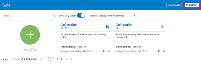 a screenshot of the Skills page. In the top navigation bar of the page there are buttons for Instant Apps and Import Skill.