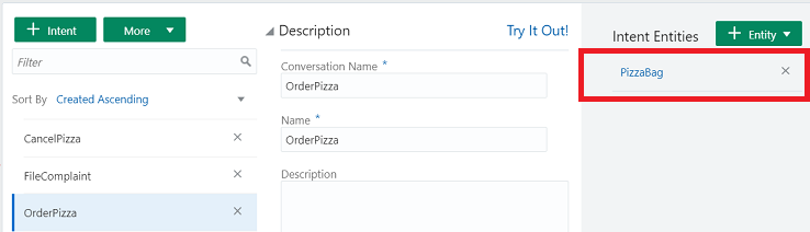 Screenshot showing the Entities page in the designer. On the left side of the page is a list of entities, including PizzaBag, PizzaCrust, PizzaSize, and PizzaType. The PizzaBag entity is selected. On the right side of the page, are the Description and Configuration sections. Within the Configuration section, the value of the Type field is Composite Bag, and the Bag Items sub-section contains items for PizzaSize, PizzaType, PizzaCrust, and DeliveryTime.
