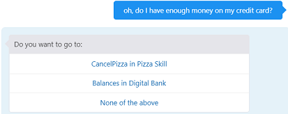 Screenshot showing the digital assistant tester. After the user input ('oh, do I have enough money on my credit card?') is the DA's response ('Do you want to go to', followed by options for 'CancelPizza in PizzaSkill', 'Balances in Digital Bank now' and 'None of the above'.