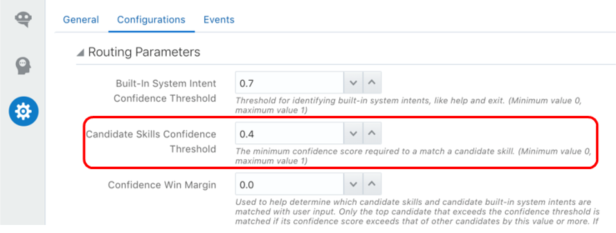 Screenshot of the Settings page for a digital assistant. The Configurations tab is selected. In the Routing Parameters section of the page, the Candidate Skills Confidence Threshold property is highlighted.