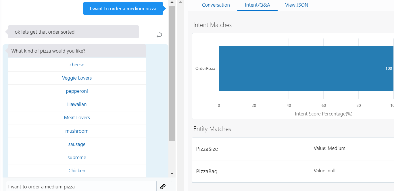 Screenshot of the skill tester. On the left side, there is a conversation between the user and the skill. On the right side, the Intent/Q&A tab is selected, there is a graph showing the OrderPizza intent having a match of 100%, and there are entity matches shown for PizzaSize and PizzaBag. For PizzaSize, it shows Value:Medium.