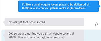 Screenshot of the skill tester. On the left side, there is a conversation between the user and the skill. The response to the user is 'ok let's get that order sorted' and 'Ok, so we're getting you a Small Veggie at 20:00. This will be on our gluten free crust.' 