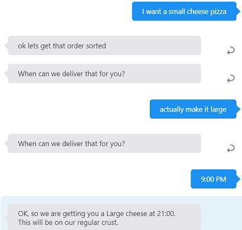Screenshot of the skill tester. On the left side, there is a conversation between the user and the skill. After the user has entered '9:00pm', the response from the skill is 'OK so we are getting you a Large cheese at 21:00. This will be on our regular crust.'