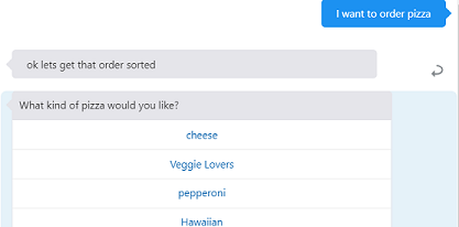 Screenshot of the tester showing a conversation that begins with 'I want to order pizza', followed by a response of 'ok lets get that order sorted' and a menu of pizzas