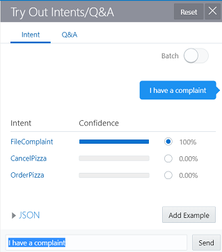 a screenshot of the Try Out Intents/Q&A dialog. It shows the chat message 'I have a complaint'. Below that is a table with rows for the OrderPizza, FileComplaint, and CancelPizza intents. In the right column of each row is a confidence score. For FileComplaint it shows 100%. For the others, it shows 0.