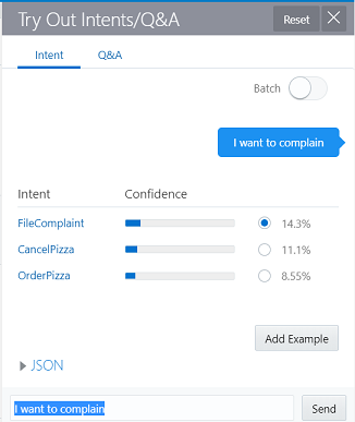 a screenshot of the Try Out Intents/Q&A dialog. It shows the chat message 'I want to complain'. Below that is a table with rows for the OrderPizza, FileComplaint, and CancelPizza intents. In the right column of each row is a confidence score. For FileComplaint it shows only 14.3%. For Cancel Pizza, it is 11.1%. For OrderPizza,it is 8.55%.